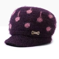 Winter purple knit visor beanie for women with pink cherry pattern and plush lining - Purple Polka Dot