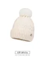 Detailed close-up of beige cable knit beanie featuring large pompom and gold H-logo charm - Beige