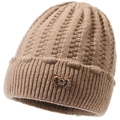 Close-up of caramel winter knit hat with thick texture and rose gold metal bow detail - Elastic 56-59cm / Khaki (Stripes)