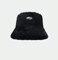 Detail of black faux fur bucket hat with IMMUNE logo patch and warm fuzzy texture - One Size / Black