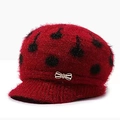 Winter fleece-lined jacquard knit hat for women with red polka dots and bow detail - Wine Red Polka Dot
