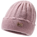 Detail of light pink knitted hat featuring thick pineapple weave and golden bow buckle - Elastic 56-59cm / Pink (Stripes)