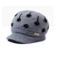 Winter gray jacquard knit beanie for women with plush lining and golden bow accessory - Gray Polka Dot