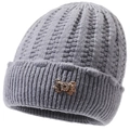 Detail of grey knitted hat with plush lining and bronze metallic butterfly buckle - Elastic 56-59cm / Grey (Stripes)