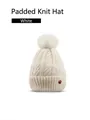 Detailed view of white chunky knit beanie with soft fleece lining and fluffy faux fur pompom - Off White