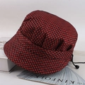 Detail of red and black plaid newsboy hat with subtle blue sequins and adjustable drawstring - One Size / Polka Dot Jujube Red