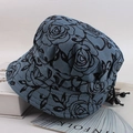 Detail of floral lace mesh and blue plaid fabric on elderly women bucket hat - One Size / Grey with Rose Embroidery