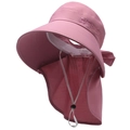 Detail of pink UV sun hat featuring wide brim, neck protection flap, and adjustable cord - One Size 58cm / Rose Red
