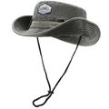 Dark grey outdoor safari sun hat with wide brim, chin strap, and brand logo patch - One Size / Army Green