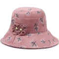 Women's bean paste pink cotton linen sun hat with leaf print and pearl flower detail - One Size 58cm / Pink (Leaf Print)
