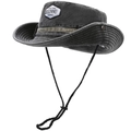 Dark grey outdoor denim sun hat with wide brim, adjustable chin strap and patch detail - One Size / Black