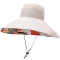 Beige wide-brim sun hat with colorful floral print lining and adjustable chin strap - One Size 58cm / Beige