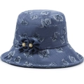 Elegant blue sun hat for elderly women with white leaf print and pearl floral accents - One Size 58cm / Blue (Leaf Print)