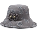 Grey cotton-linen sun hat for elderly women with leaf print and flower pearl accent - One Size 58cm / Grey (Leaf Print)