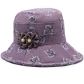 Detail von atmungsaktivem Sonnenhut für ältere Frauen mit Blumendruck und Perlenblume - Einheitsgröße 58cm / Lila (Blattmuster)