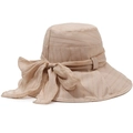 Beige wide brim sun hat for women with elegant gold silk texture and a large stylish bow - One Size 58cm / Khaki