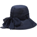 Navy blue wide brim sun hat with oversized bow detail and elegant striped fabric - One Size 58cm / Blue