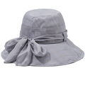 Women's light blue sun hat with wide brim, gold stripes and large decorative bow - One Size 58cm / Gray