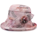 Women's summer sun hat with pink floral chiffon pattern and 3D fabric flower detail - One Size 58cm / Pink