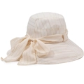 Detailed texture of cream sun hat with large bow and elegant striped woven fabric - One Size 58cm / Off White