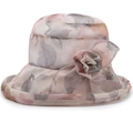 Women's pink floral chiffon sun hat with elegant fabric flower and wavy brim design - One Size 58cm / Khaki