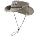Khaki wide brim cotton hiking hat with adjustable windproof cord and woven patch - One Size / Beige