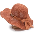 Women's wide brim knitted sun hat in brick red with metal chain and bow detail - One Size 58cm / Caramel
