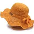 Chapeau de soleil en tricot orange pour femme avec large bord ondulé et boucle élégante - Taille Unique 58cm / Jaune