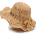 Chapeau de soleil en paille tricotée kaki élégant pour femmes avec nœud et bord large - Taille Unique 58cm / Khaki