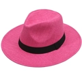 Pink straw fedora hat with wide flat brim and black ribbon for summer sun protection - Rose Red