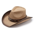 Western straw cowboy hat with bull head emblem and vintage gradient brim on white background - 58cm / Bull Head Khaki