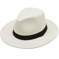 Classic white woven straw fedora hat with black ribbon band for summer beach sun protection - Off White