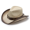 Vintage beige straw cowboy hat with bull head emblem and brown gradient brim detail - 58cm / Bull Head Beige