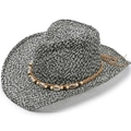 Cowboy-Strohhut mit schwarz-weißem Geflecht und böhmischer Perlen-Muschel-Deko - Einheitsgröße 58cm / Dunkelgrau