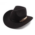 Detail of black felt fedora hat with golden leaf accent on a leather band - One Size (57-58cm) / Shark Fin Pattern Band Style / Black