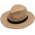 Men and women's wide brim woven straw cowboy hat with black ribbon for beach sun protection - Khaki