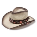 Straw cowboy sun hat with brown gradient finish and pink floral embroidery band - 58cm / Beige With Rose Embroidery