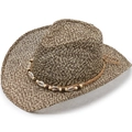 Brown woven straw cowboy hat with shell and wood bead trim for summer beach sun protection - One Size 58cm / Khaki