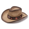 Brown woven cowboy straw hat with pink rose embroidery and floral bead band - 58cm / Rose Khaki