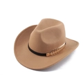 Close-up of camel wool felt fedora with black leather band and gold wheat accessory - One Size (57-58cm) / Shark Fin Pattern Band Style / Camel