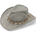 Unisex straw cowboy hat with shell and wooden bead band for summer beach sun protection - One Size 58cm / Light Gray