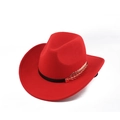 Detail of red wool felt cowboy hat with black band and golden leaf metal ornament - One Size (57-58cm) / Shark Fin Pattern Band Style / Red