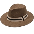 Sombrero fedora clásico de paja trenzada marrón oscuro con ala ancha y banda decorativa - Talla Única 58cm / Marrón