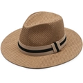 Sombrero fedora de paja con ala ancha y banda a rayas para protección solar y playa - Talla Única 58cm / Caqui Oscuro