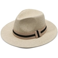Sombrero de paja de ala ancha con banda decorativa bicolor sobre un fondo blanco puro - Talla Única 58cm / Caqui Claro