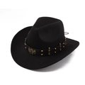 Detail of black wool fedora with brown leather band and eagle wing brass emblem - One Size (57-58cm) / Metal Bullet Stud Band Style / Black