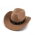 Detailed macro of western cowboy hat featuring metal eagle crest and decorative rivets - One Size (57-58cm) / Metal Bullet Stud Band Style / Camel