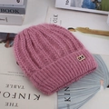 Winter knitted fleece beanie for women in dusty pink with plush texture and metal decor - Elastic 56-60cm / Double Stripe Pink