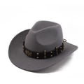 Macro detail of a grey cowboy hat featuring a black leather band with an eagle metal emblem - One Size (57-58cm) / Metal Bullet Stud Band Style / Gray
