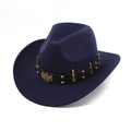 Detailed macro view of navy wool felt hat featuring gold rivets and winged badge decoration - One Size (57-58cm) / Metal Bullet Stud Band Style / Navy Blue
